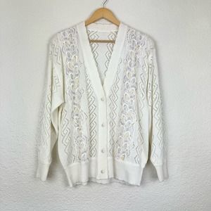 Vintage Cream Open-Knit Cardigan with Pastel Trim